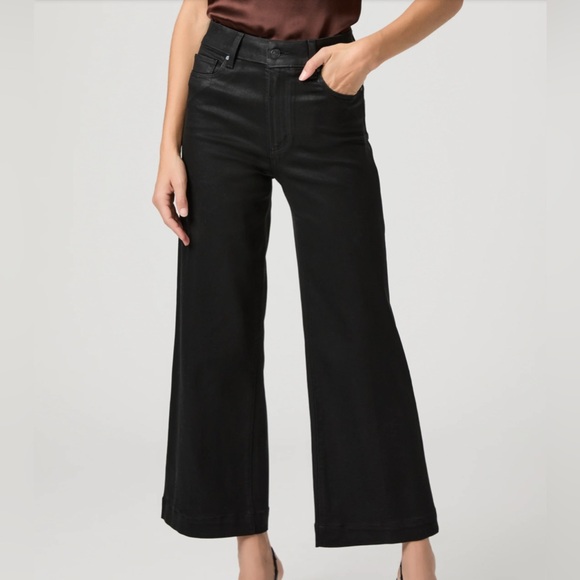 PAIGE ANESSA High Rise Wide Leg Crop Stretch Jeans Black Fog Luxe Coating 24 - Picture 1 of 11
